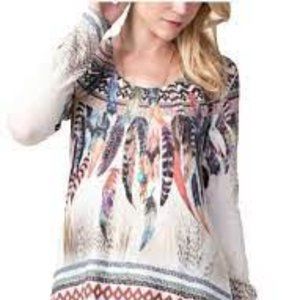 Vocal Watercolor Feather Aztec Print Cold Shoulder Long Sleeve Knit Sweater